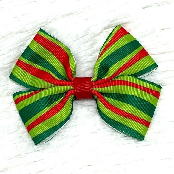 Red & Green Striped Christmas Hair Bow Clip - Picture 1 of 3